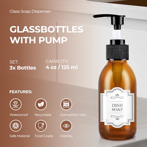 Amber Glass Pump Bottle Dispenser 4 oz，Homepicker Shampoo Lotion Bottle with Pump for Body Oil，125ml Brown Glass Bottles with 1 Extra Pump Tops, Black Caps, Labels - 3 Pack2