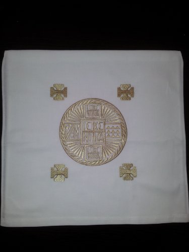 Iconsgr Traditional Elegant White Gold-Embroidered Religious Ceremonial Bread Pouch No.5 (33 cm x 33 cm / 13 inches x 13 inches)