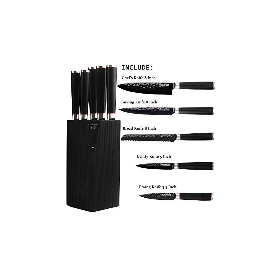 YOUSUNLONG Knife Block Sets 5pcs Kitchen Knives Set - Japanese AUS8 Steel Black Titanium - Natural Fraxinus Americana Holder - Natural Blackwood Handle with Gift Box
