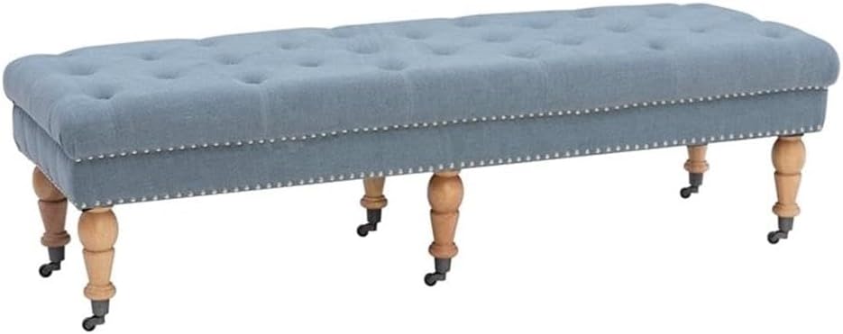 Riverbay Furniture 62" Transitional Fabric Bench, Washed Blue Linen Upholstery, Distressed Gray Wood Legs with Casters, Brushed Silver Nailheads, Chic Design for Bedroom, Entryway, or Under Window Use