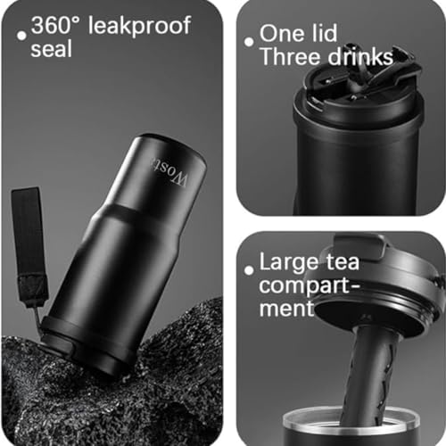 Image of Wosta 750 ml Stainless Steel Insulated Tumbler - Dual-Lid (Flip-Sip + Straw), Tea /Fruit Strainer, Leak-Proof Screw-On Lid, Silicone Straw & Hanging Belt. (Black)