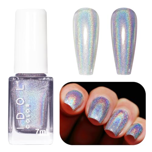 Silver Glitter Nail Polish - Quick Drying Nail Polish - Holographic Nail Varnish Magic Rainbow Effect - Long Lasting Iridescent Nail Varnish - No Need Cure for Women DIY Manicure