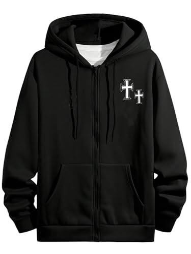 SHENHE Men's Graphic Cross Print Zip Up Drawstring Hoodie