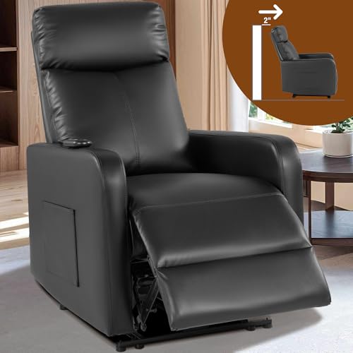 Cfvyne Zero Wall Power Recliner Chairs, Small Recliner for Small Spaces and Petite People Woman (1, Black Faux Leather)