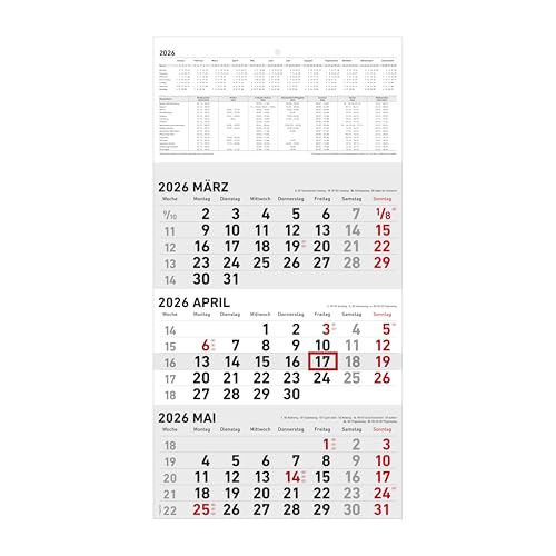 Zettler 3-Monatskalender klein 2026 Wandkalender 24 × 34 cm faltbar 3 Monate auf 1 Blatt mit Datumschieber Wochenzählung Mondphasen Feiertage Landschaftsmotiv deutsch B4-Versandtasche