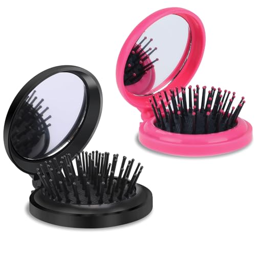 Mozeat Lens Mini Travel Hair Brush for Women, 2 Pcs Foldable Round Hairbrush with Mirror, Small Hair Comb, Pocket Size, Black & Rose Red