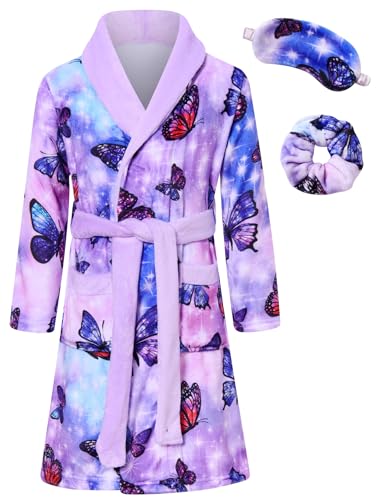 Funnycokid Girls Robe with Matching Sleep Mask Scrunchie for Kids 6-13 Years