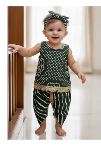 Image of The Root And Craft Kids Birthday Photoshoot Outfit Dress Girls Bandhani printed Top With Dhoti pant & Hairband Born Baby Photography Photoshoot Props(0to 18 Month)