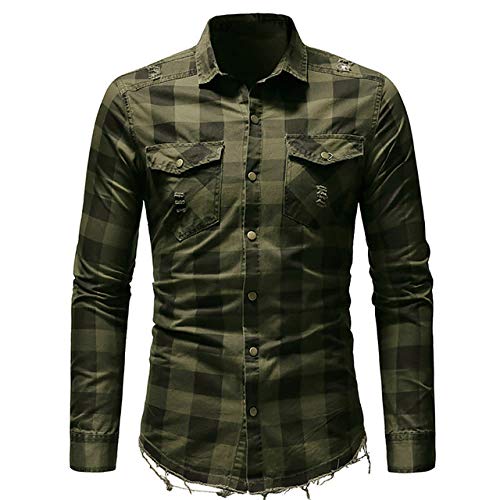 Loeay Mens Slim Fit Style Chemises Tops Bouton Chemise À Carreaux Classique avec Poche À Manches Longues Baisser Le Col Survêtement d'affaires Chemises Armée M Cover