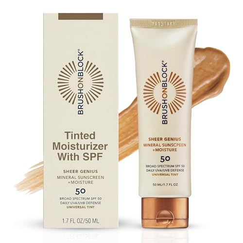 Brush On Block Tinted Mineral Sunscreen Moisturizer SPF 50 | Tinted Face Moisturizer with Sunscreen Broad Spectrum | Hydrating Hyaluronic Acid, Zinc Oxide Protection, 1.7oz, PA ++++, Made in USA
