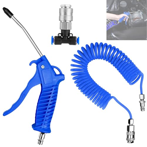 Soufflette à Air Comprimé, Kit de Nettoyage de Pistolet à Air Avec Tuyau en Spirale de 5 m, Pistolet à Air Comprimé Avec Raccord rapide en T, pour Camion, Voiture, Voiture, Bateau (Bleu)