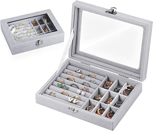 Image of BucketList Women's Velvet Glass Ring Earrings Jewelry Box - Display Storage Showcase Holder Organizer (Small 9 Grid 9 Rows-Grey)