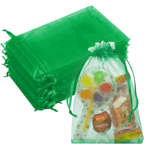 Image of 50PCS Green Organza Bags 4x6, Small Gift Bags Mini Mesh Pouches Cute Drawstring Baggies for Packaging Jewelry Candy Sachet Treats Birthday Wedding Mother's Day Party Favors Gifts Wrapping