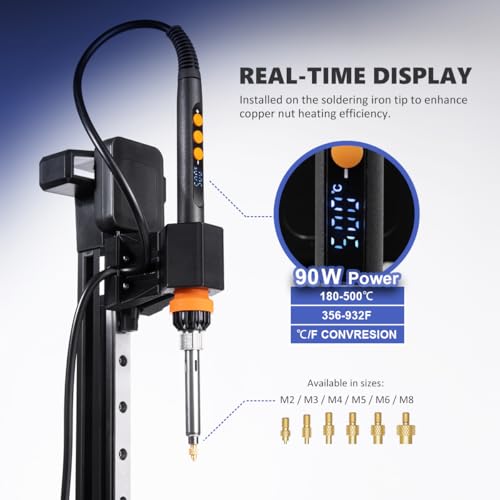 Image of Vertical Heat Set Insert Press Tool | 90W Soldering Iron, 30 Brass Threaded Inserts (M3 /M4 /M5 /M6 /M8) & Heat-Set Tip | Compatible with PLA, ABS, PETG | for 3D Printed Components DIY Plastic Parts