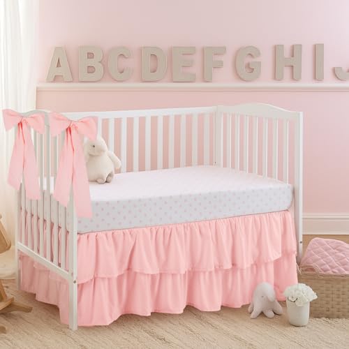 Image of Smoothnovelty Pink Crib Bed Skirts with 4 Large Cot Bow 28 inch x 52 inch, 14 inch Drop