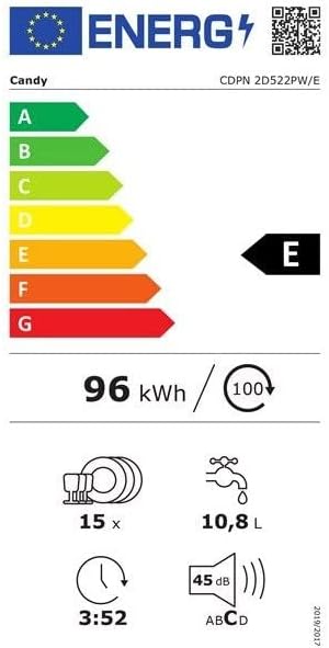 Energy label for Candy CDPN 2D522PW Dishwasher, showing E energy class, 96 kWh/100 cycles, 15 place settings, 10.8 L water consumption, 45 dB noise level, and 3:52 program duration.