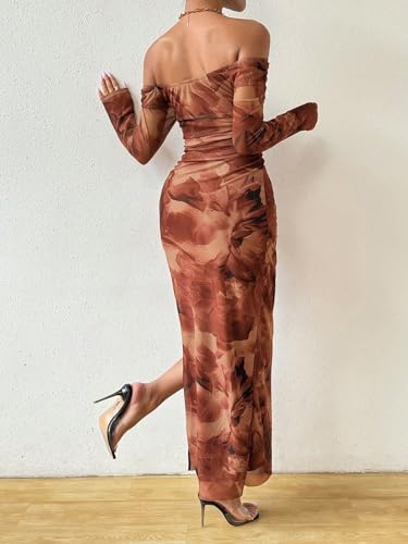Image of LIGHT DOT Women's Printed Off Shoulder Maxi Dress Long Sleeve Bodycon Ruched Mesh Cocktail Dress