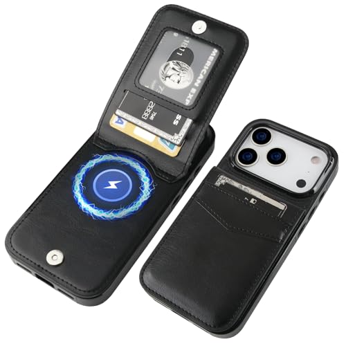 KIHUWEY for iPhone 17 Pro Case Wallet Compatible with MagSafe Wireless Charging, Credit Card Holder, RFID Flip Leather Magnetic Clasp Kickstand Heavy Duty Protective Cover 6.3 Inch (Black)