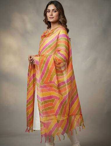Image of Women's Cotton Blend Striped Print Dupatta with 2.20 Meters | Women's cotton printed dupatta with tassels