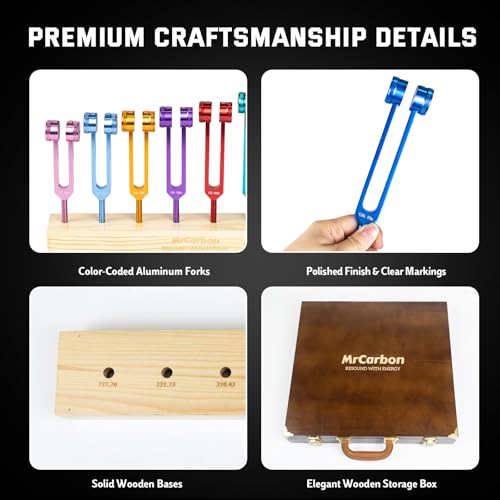 Chakra Tuning Fork Set with 8 Weighted Forks, 126.22Hz to 272.2Hz, Upgraded Reinforced Solid Wood Case, Wooden Bases, Glass Bases, Activators, Rubber Mallets and Pouch by MrCarbon - Used condition - Image 5