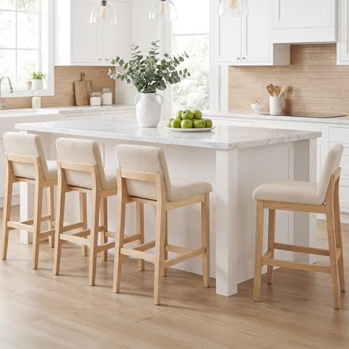 Image of Zesthouse Wooden Counter Height Stools Set of 4, 26 inch Modern Bar Stools with Upholstered Back & Solid Wood Leg, Mid Century Modern Heavy Duty Barstools, Beige Linen Fabric High Chair for Kitchen Island