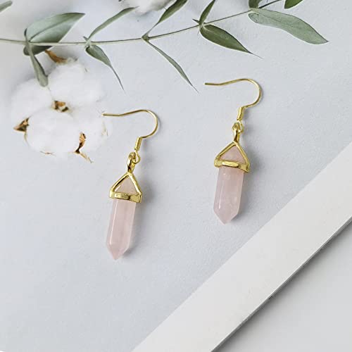 Rose Quartz Earrings For Women, Irregular Unique Natural Healing Crystal Earrings Gold, Small Cute Hexagonal Points Pink Reiki Gemstones With Stainless Steel Fish Hook Dangle Drop Earrings For Girls (Rose Quartz-Gold) #TOP1