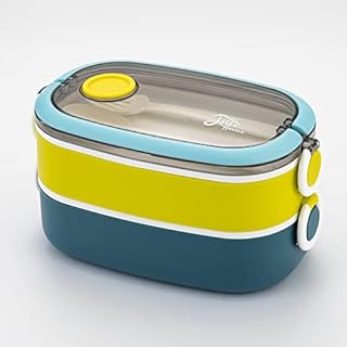 Lille Home 2-Tier Stackable Plastic Leakproof Microwavable Bento Lunch Box/Jumbo Size Food Container with Cutlery Set, BPA Free, 54oz (Blue)