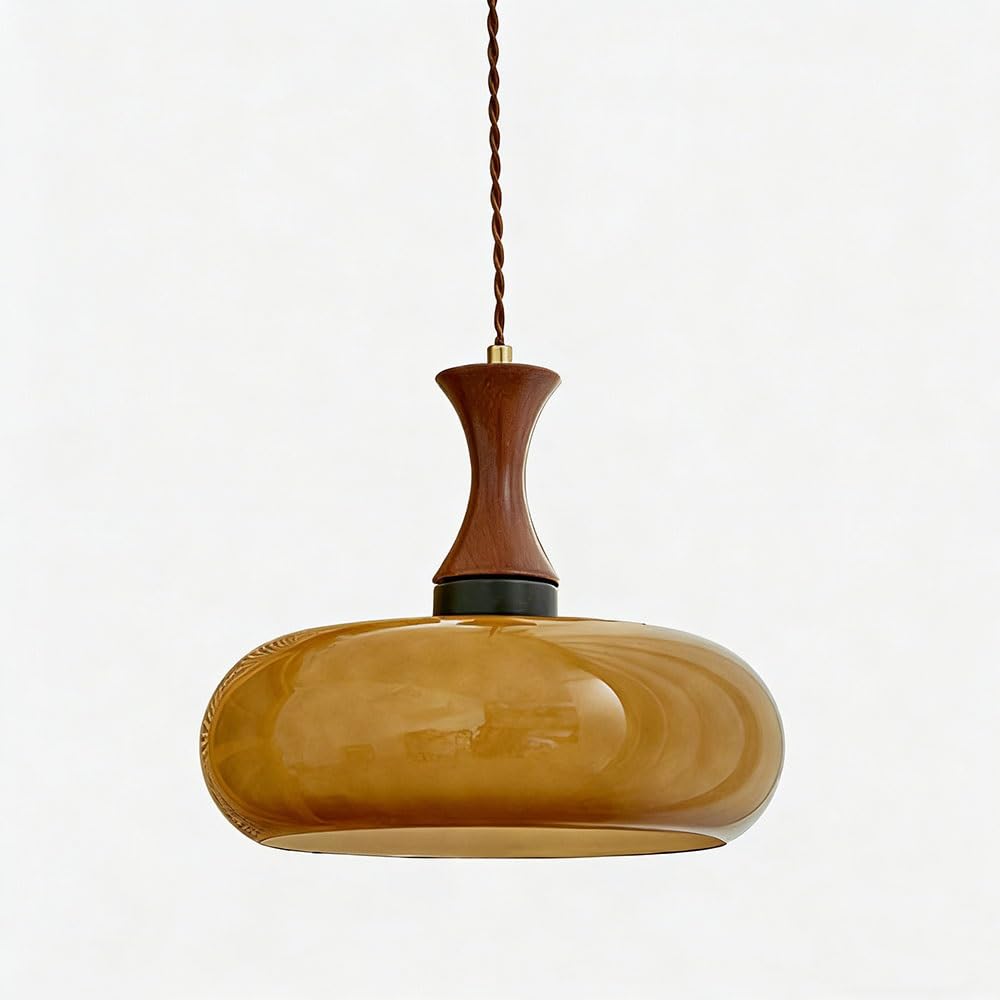 FEITENGDA Mid Century Orange Gradient Glass Pendant Light Vintage Dome Shade Hanging Lamp with Wooden Accent Dining Room Adjustable Cord Chandelier for Kitchen Island Bedroom(28cm/11.02in)