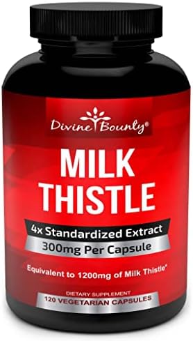 Divine Bounty Pure Milk Thistle Capsules Supplement - A Potent 1200mg Milk Thistle Supplement with 4X Concentrated Extract (Standardized) 120 Vegetarian Capsules