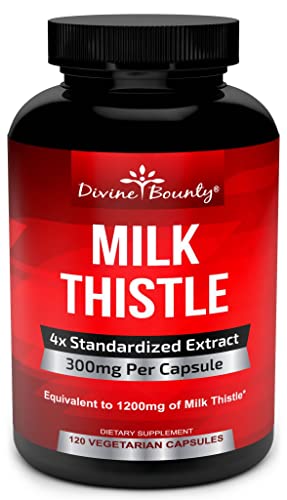 Divine Bounty Pure Milk Thistle Capsules Supplement - A Potent 1200Mg Milk Thistle Supplement With 4X Concentrated Extract (Standardized) 120 Vegetarian Capsules #TOP9
