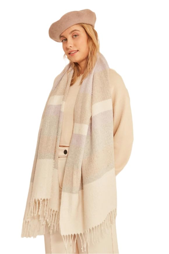 Women's Soft Textured Striped Thick Shoulder Shawl, Muted Pastels Scarf, Gift For Her