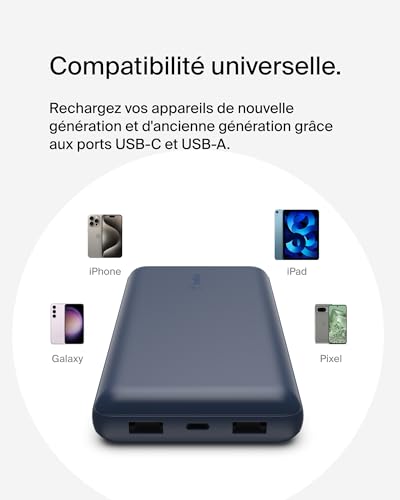 Belkin Batterie externe USB-C 20000mAh (power bank puissance de 20K, entrée et sortie USB-C, 2 ports USB-A, câble USB-C vers USB-A fourni, pour iPhone, Galaxy, Pixel, iPad, AirPods, etc.) - Bleu