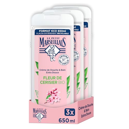 Le Petit Marseillais|Crème de Douche & Bain Extra Douce Fleur de Cerisier Bio (lot de 3 flacons de 650 ml)–Gel douche avec 92% d'ingrédients d'origine naturelle–pH neutre pour la peau et sans colorant