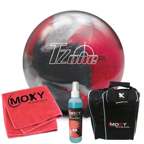 Brunswick T-Zone Scarlet Shadow Bowling Ball | Moxy Strike Black Bowling Bag | Moxy Red Micro Fiber Towel | Moxy Xtreme Power Cleaner Package 14lbs