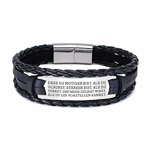HAYOUWAY Pulsera de piel para hombre con grabado en alemán con texto grabado, pulsera trenzada inspiradora con cierre magnético de acero inoxidable para hombres, Cuero Acero inoxidable, Sin gemas Cover