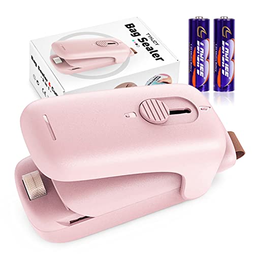 TYHJOY Mini Chip Bag Sealer, Handheld Heat Vacuum Sealer and Cutter, Portable Chip Bag Resealer Machine for Snack Plastic Fresh Bags Cookies - Pink - 2xAA Batteries Included