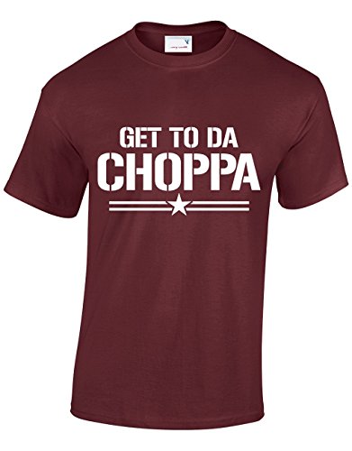 Image of Crown Designs Get to Da Choppa Arnie Quotes for Men & Teenagers T-Shirts Tops - Maroon/Large
