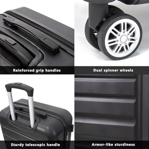 3 Piece Luggage, Hard Shell Carry On Luggage with Hooks and Spinner Wheels Modern Lightweight Suitcase with Password Lock and Telescopic Rod for Business Travel Domestic Foreign Travel,Black4