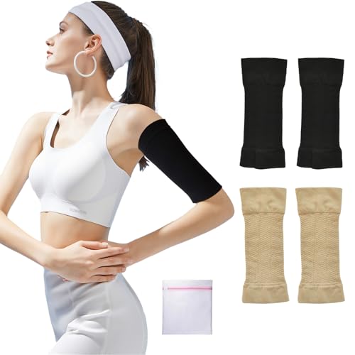 VEGCOO 2 Manches de Bras Amincissantes Femme, Manches de Compression de Bras + 1 Sac à Linge, Manchon De Bras Élastique, Shapers de Bras de Compression pour Anti-odème Gonflement (noir + beige)