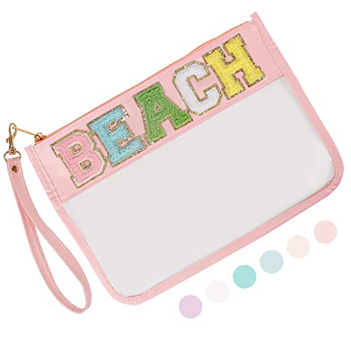 Iqimott Chenille Letter Clear Bag Beach Pouch, Monogram PVC & PU Makeup Cosmetic Bag Zipper Toiletry Pouch, Waterproof Portable Travel Snack Wristlet Bags for Women Girls(Beach, Pink)