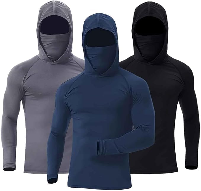 3-Piece Men's UPF 50+ Sun Protection Hoodies, Long Sleeve Moisture Wicking Shirts with Face Mask for Fishing