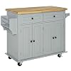 HOMCOM Kitchen Island on Wheels Rolling Cart with Rubberwood Top Spice Rack Towel Rack and Drawers for Dining Room Grey