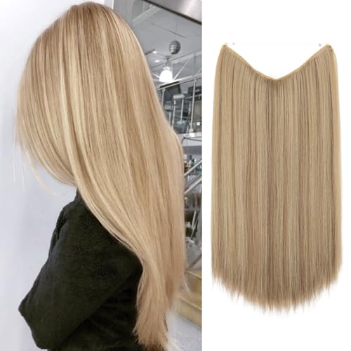 SARLA Invisible Wire Hair Extensions Straight Long Synthetic Hairpieces 22 inch Adjustable Transparent Headband for Women Sand