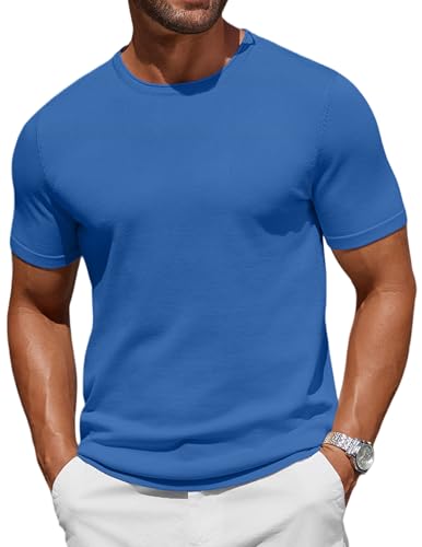 COOFANDY T Shirts Herren Strick Kurzarm Sommer Casual Tshirts Rundhals Denimblau S