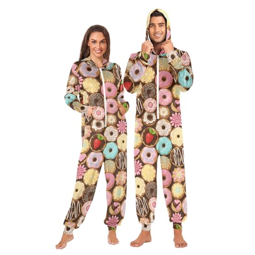 Adult Onesie Pajamas for Women Men Colorful Donuts with Various Toppings Costume Hooded Sleepwear Homewear S-XL