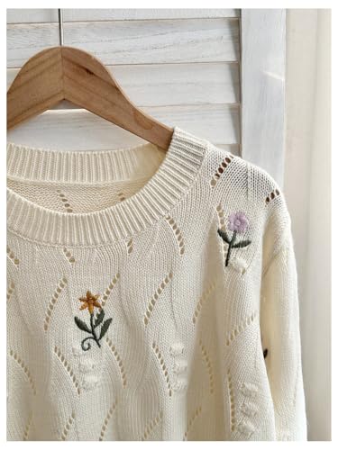 GORGLITTER Women's Embroidered Sweaters Floral Lightweight Long Sleeve Crochet Knit Cute Fall Sweater 20254