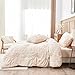 Jameswish Beige Comforter Set King Size Bed in A Bag 7 Piece Pinch Pleat Bedding Set, Pintuck Ruched Flowers Bed Set with Comforter, Sheets, Pillowcases & Shams