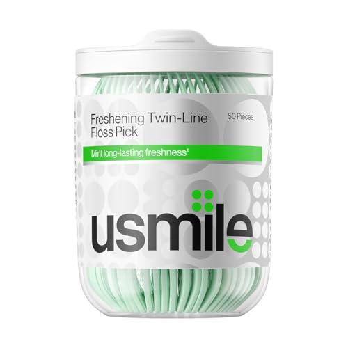 usmile Bastoncini di filo interdentale a doppia linea, 50 pezzi, menta fresca, delicati sulle gengive, puliti, a lunga durata, per l'igiene orale quotidiana