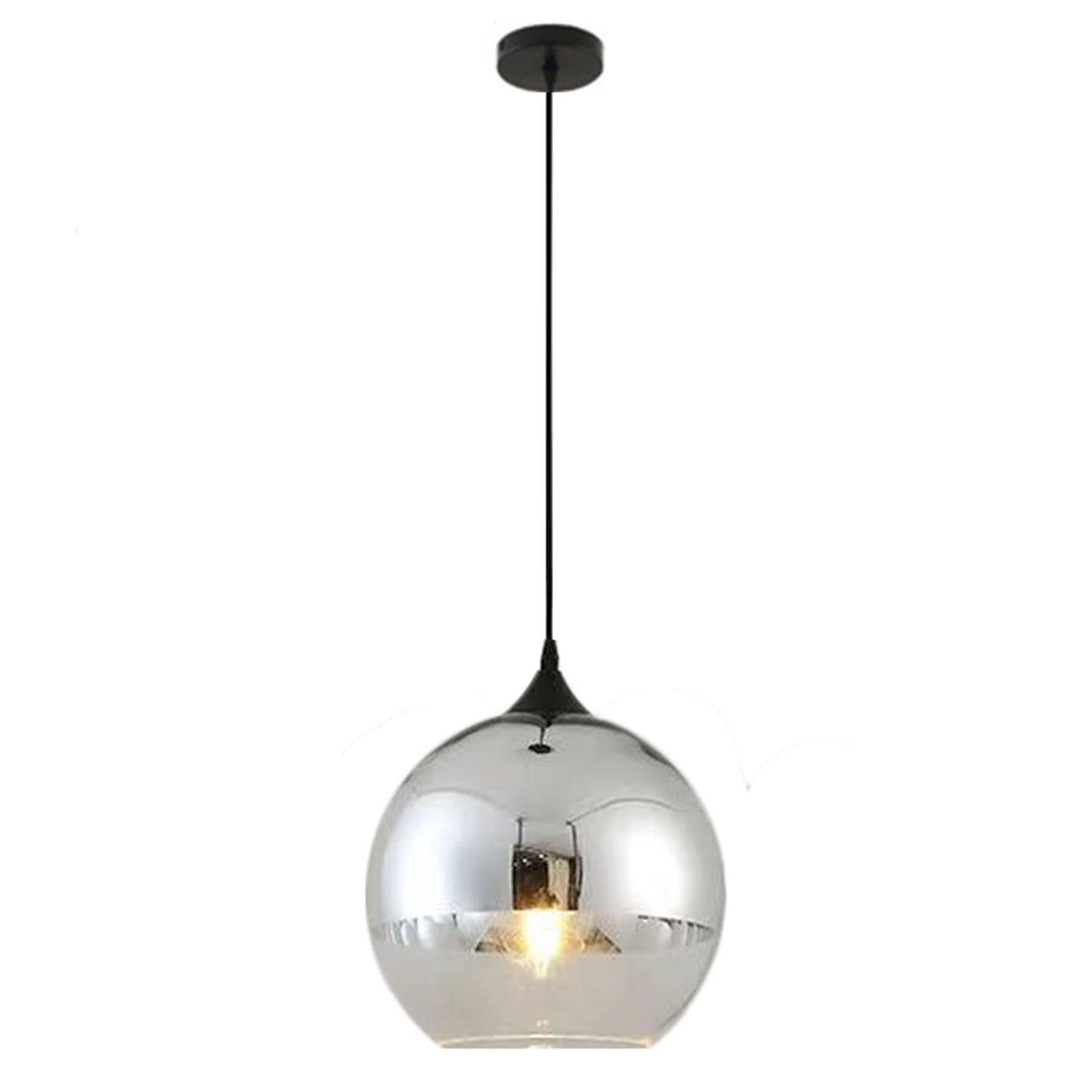 Euone_Clothes Semi-Plated Spherical Glass Pendant Light,Modern Simple Globe Ceiling Hanging Lamp, Kitchen Island Dining Room Bedroom Chandelier (Silver, 25cm)