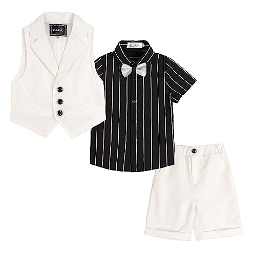 LOLANTA 4-teiliger Kinder Freizeit Anzug Set, Jungen Sommer Festlich Hochzeitsanzug, Kurzarm Hemd, Fliege, Weste, Kurze Hose, Weiß, 11-12 Jahre, 160